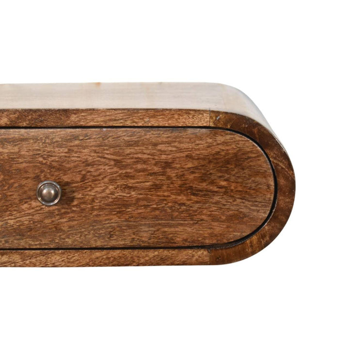 Classic Grey Rounded Wall-Mounted Bedside Table in Solid Mango Wood - product view 3 showing handcrafted solid mango wood...
