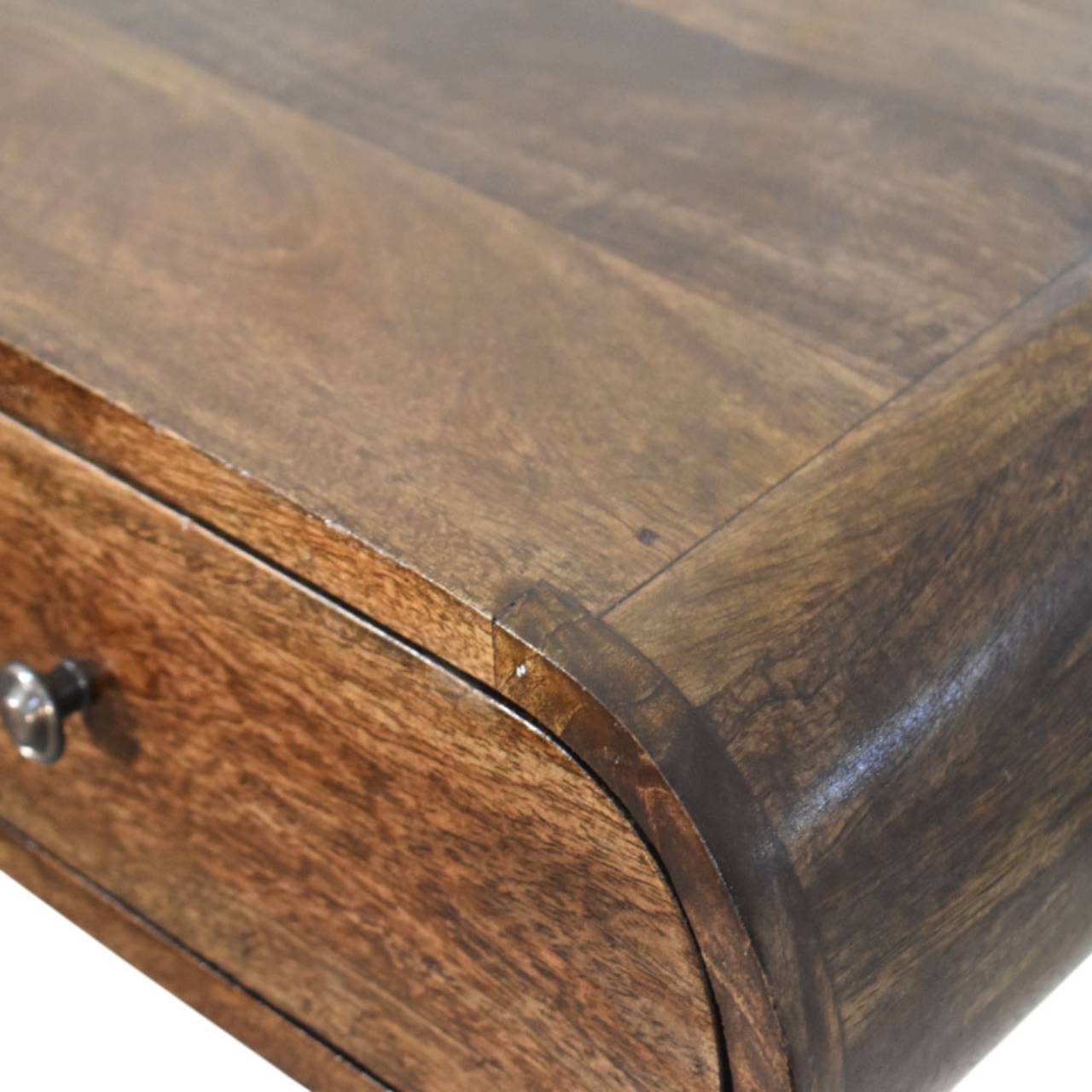 Classic Grey Rounded Wall-Mounted Bedside Table in Solid Mango Wood - product view 4 showing handcrafted solid mango wood...