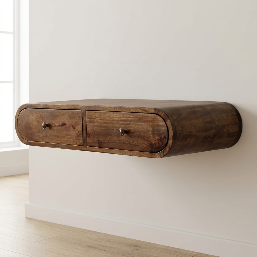 Rounded Wall-Mounted Console Table with 2 Drawers in Classic Grey - Solid Mango Wood Floating Console - main view showing...