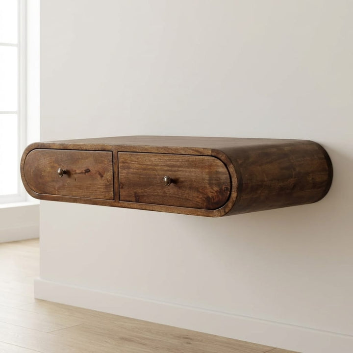 Rounded Wall-Mounted Console Table with 2 Drawers in Classic Grey - Solid Mango Wood Floating Console - main view showing...