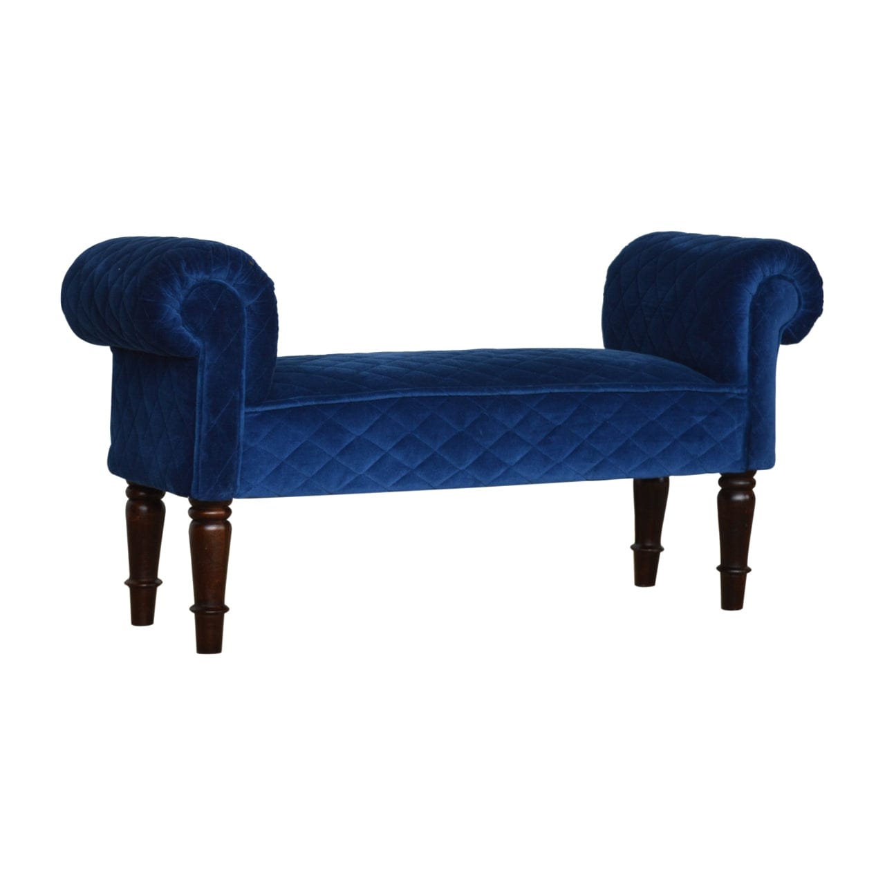 Royal Blue Quilted Velvet Bench - Solid Mango Wood Seating Furniture for Entryway - product view 2 showing handcrafted...