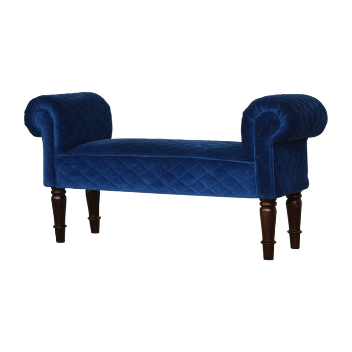 Royal Blue Quilted Velvet Bench - Solid Mango Wood Seating Furniture for Entryway - product view 3 showing handcrafted...