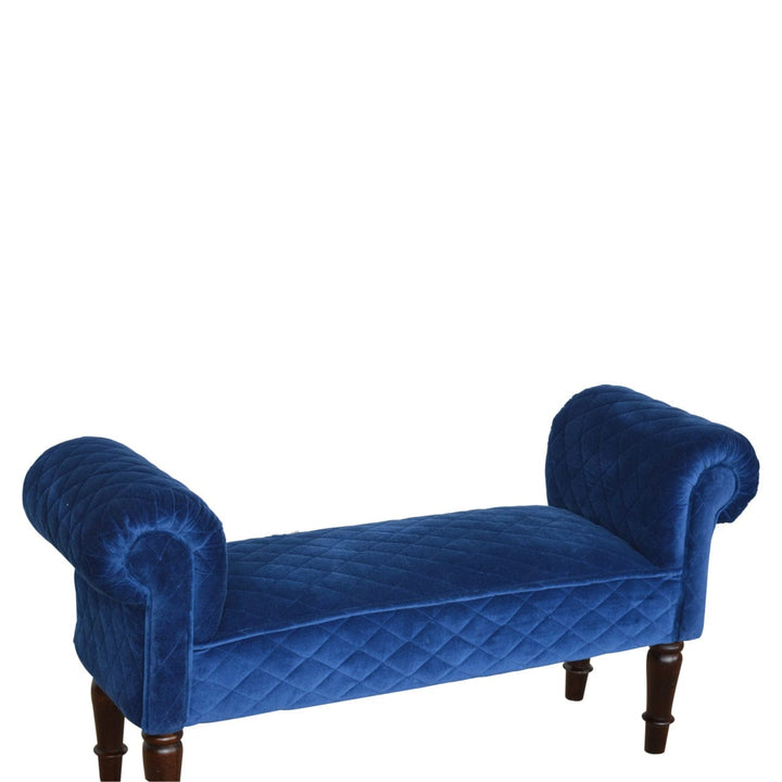 Royal Blue Quilted Velvet Bench - Solid Mango Wood Seating Furniture for Entryway - product view 6 showing handcrafted...
