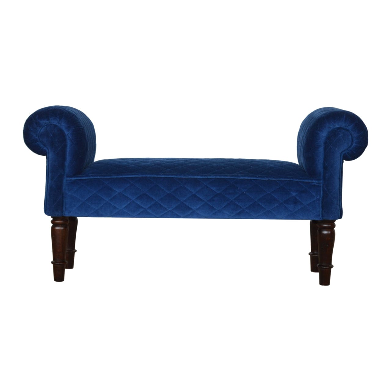 Royal Blue Quilted Velvet Bench - Solid Mango Wood Seating Furniture for Entryway - main view showing handcrafted solid...