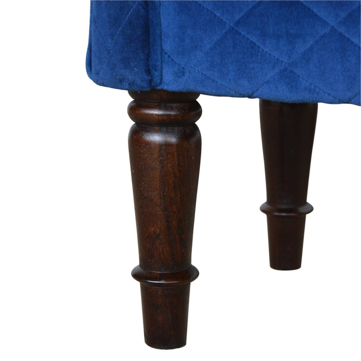 Royal Blue Quilted Velvet Bench - Solid Mango Wood Seating Furniture for Entryway - product view 8 showing handcrafted...