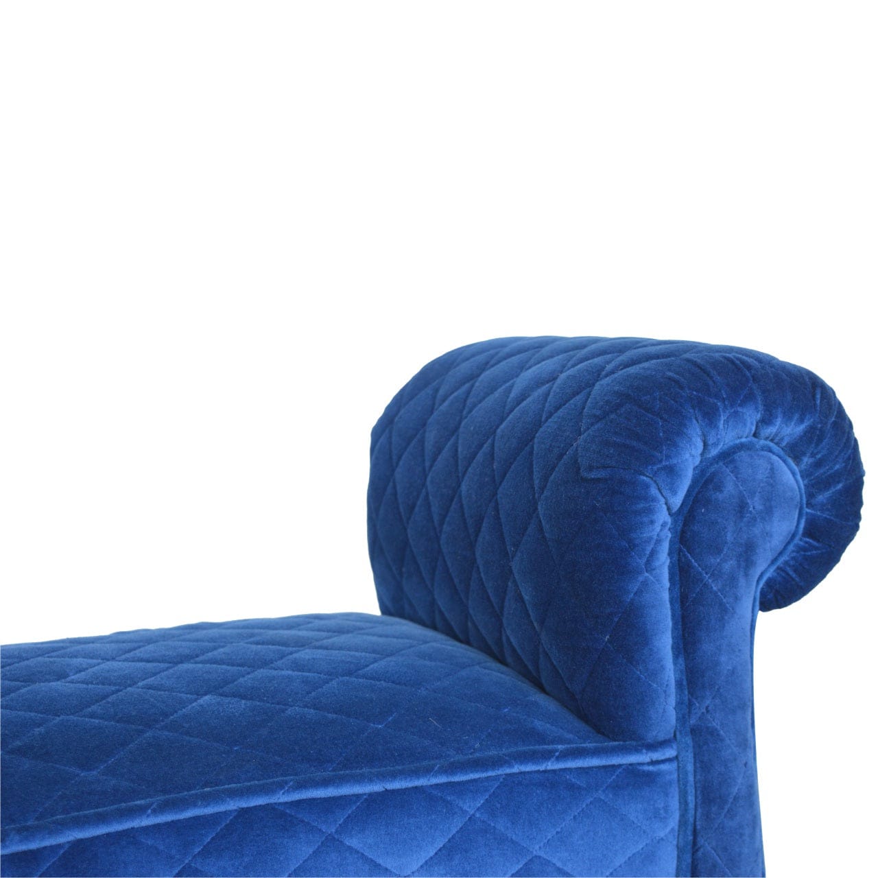 Royal Blue Quilted Velvet Bench - Solid Mango Wood Seating Furniture for Entryway - product view 7 showing handcrafted...