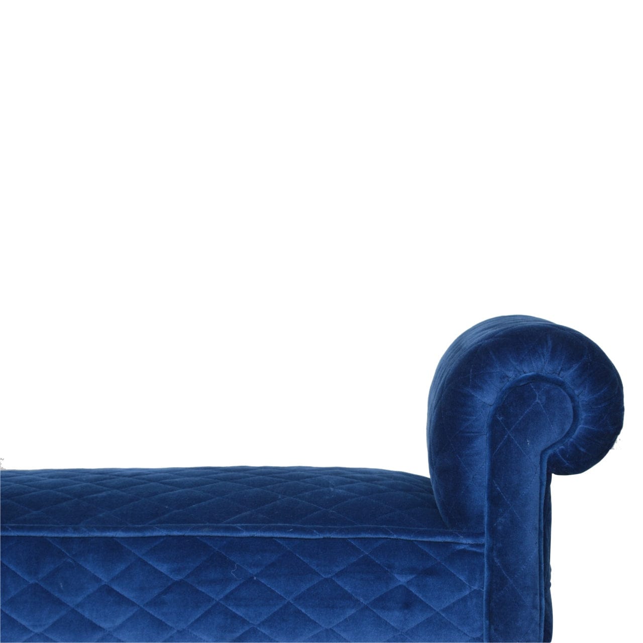 Royal Blue Quilted Velvet Bench - Solid Mango Wood Seating Furniture for Entryway - product view 4 showing handcrafted...
