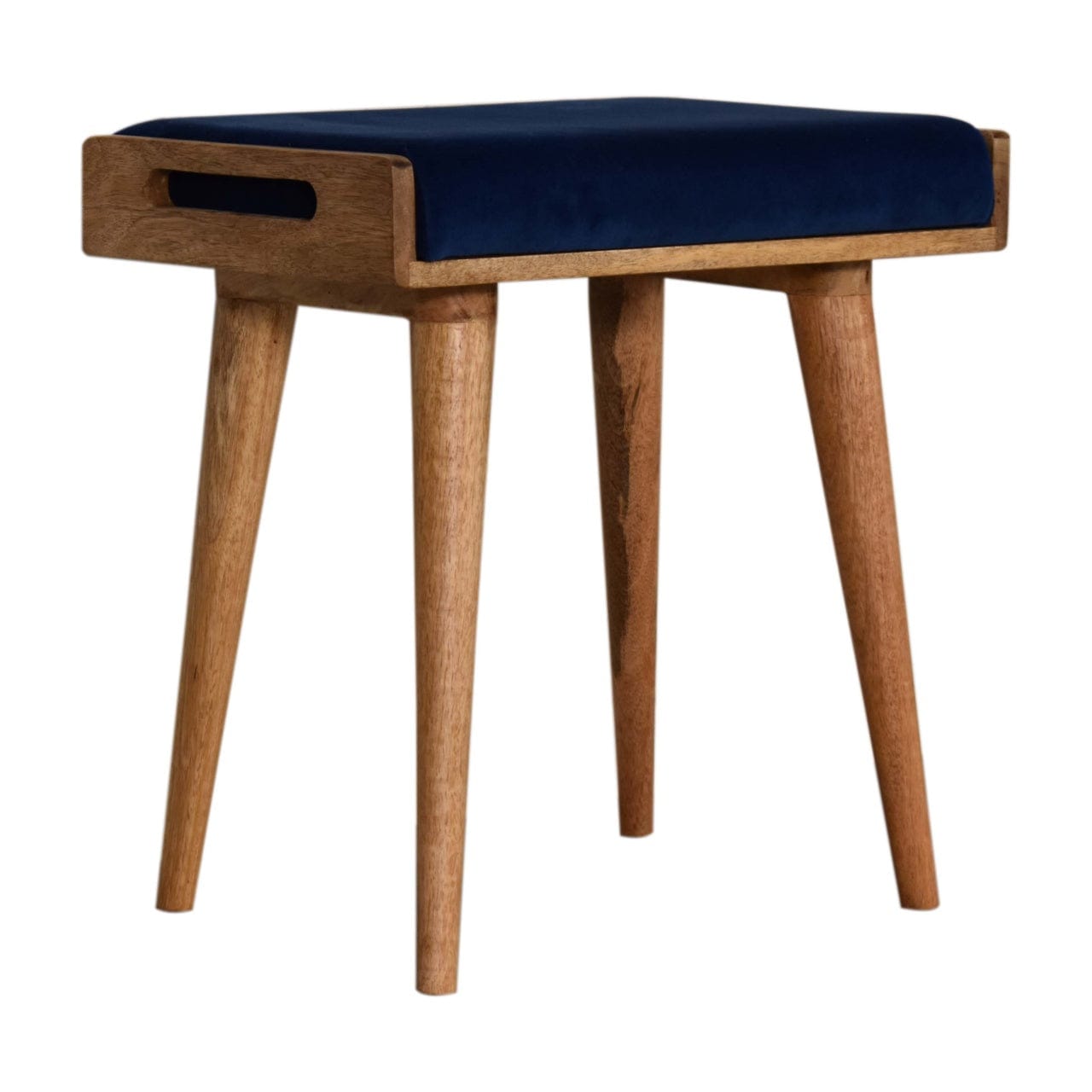 Royal Blue Velvet Tray Footstool - Solid Mango Wood Accent Stool for Living Room - product view 2 showing handcrafted...