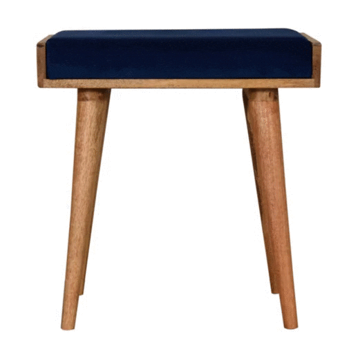 Royal Blue Velvet Tray Footstool - Solid Mango Wood Accent Stool for Living Room - product view 8 showing handcrafted...