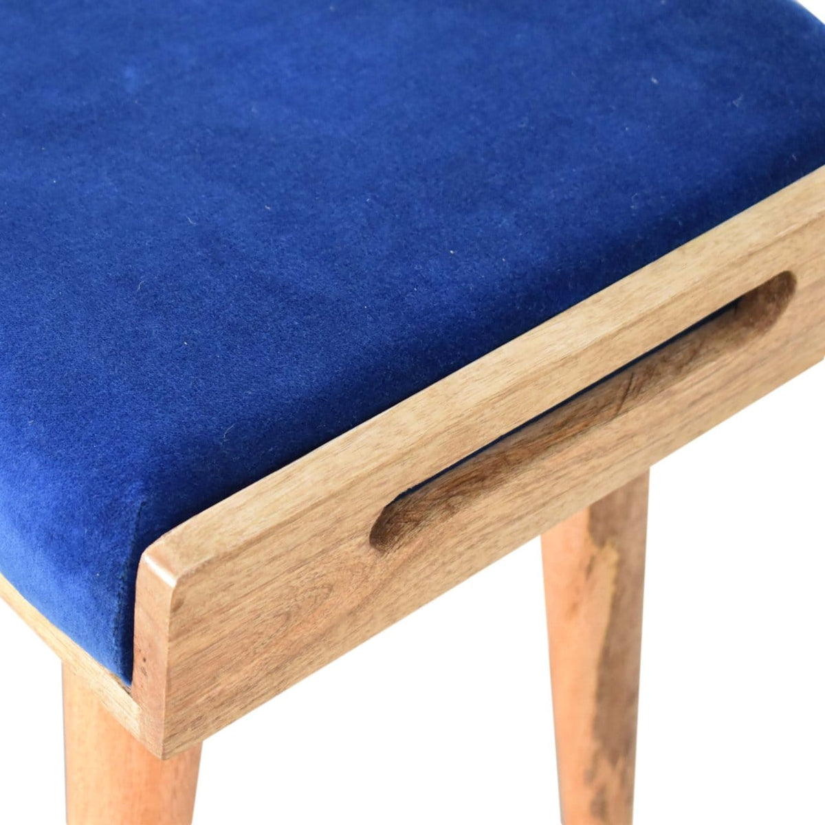 Royal Blue Velvet Tray Footstool - Solid Mango Wood Accent Stool for Living Room - product view 5 showing handcrafted...