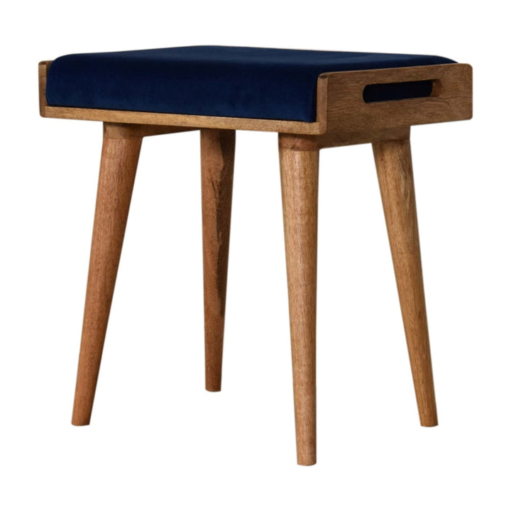Royal Blue Velvet Tray Footstool - Solid Mango Wood Accent Stool for Living Room - product view 3 showing handcrafted...
