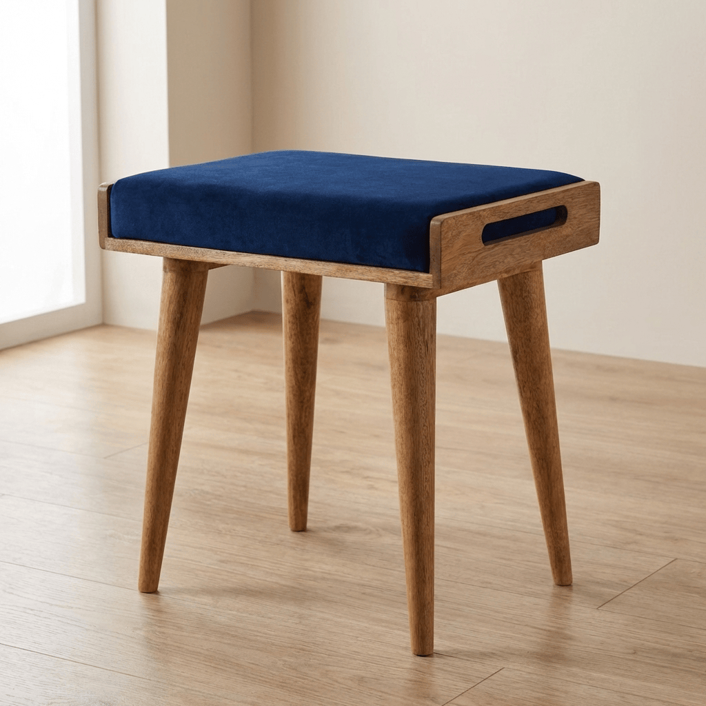 Royal Blue Velvet Tray Footstool - Solid Mango Wood Accent Stool for Living Room - main view showing handcrafted solid...