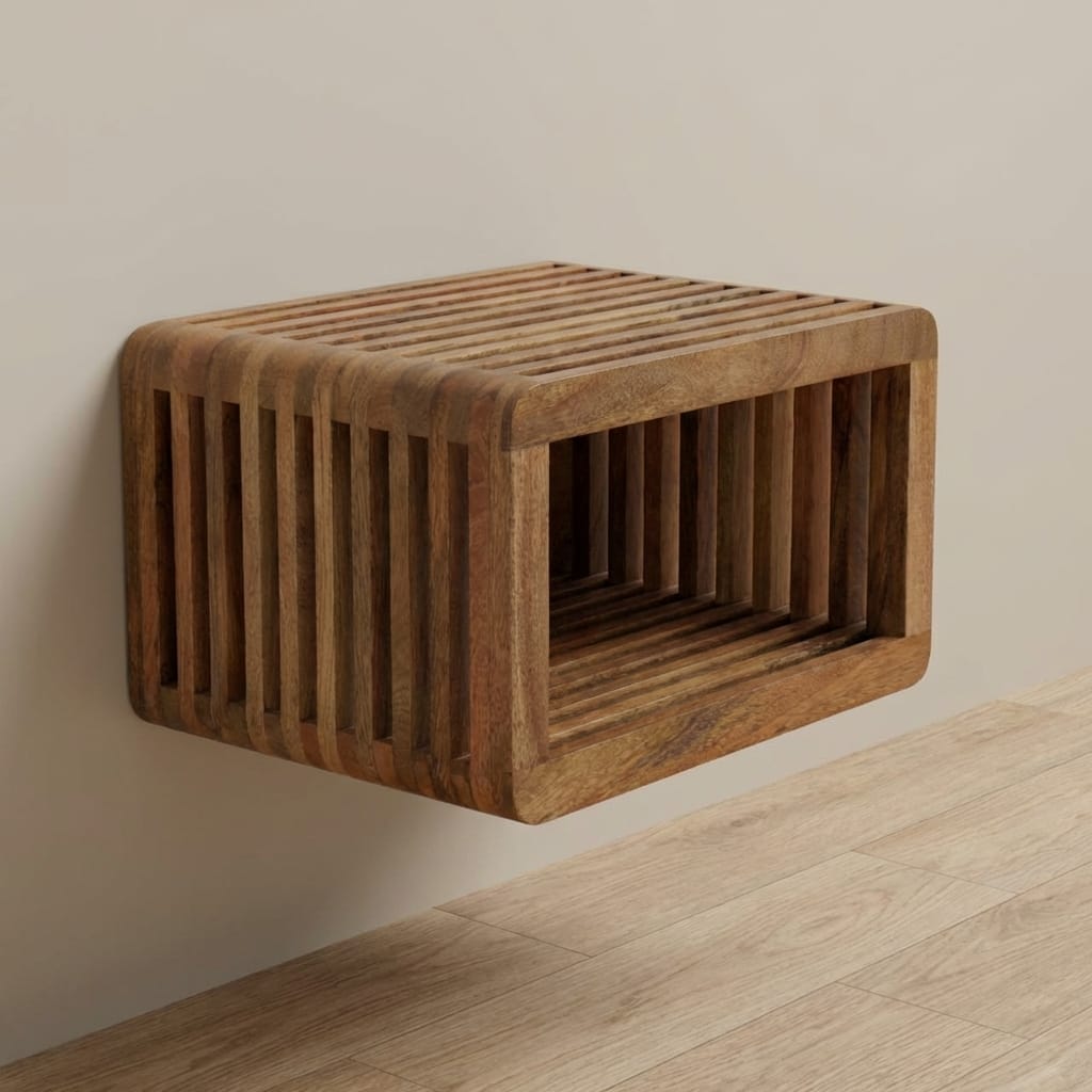 Rustic Floating Nightstand - Solid Mango Wood Bedside Table for Bedroom - main view showing handcrafted solid mango wood...