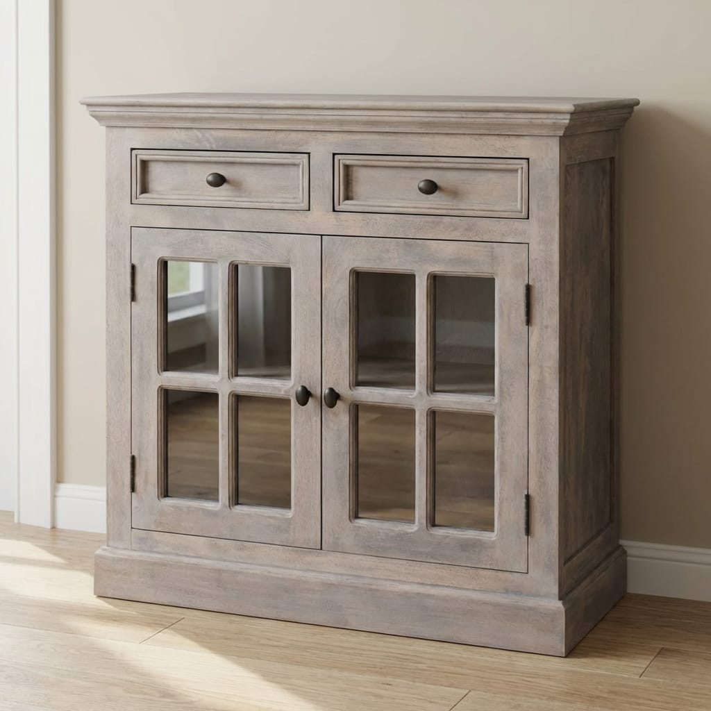 Rustic Lodge Stone Finish Sideboard - Solid Mango Wood Buffet Cabinet for Dining Room - main view showing handcrafted...
