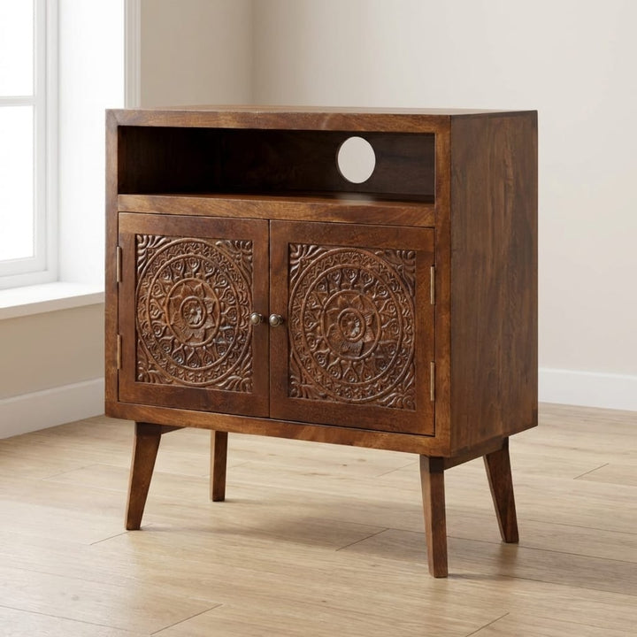 Rustic Lodge Tova Open Shelf Sideboard - Solid Mango Wood Buffet Cabinet for Dining Room - main view showing handcrafted...