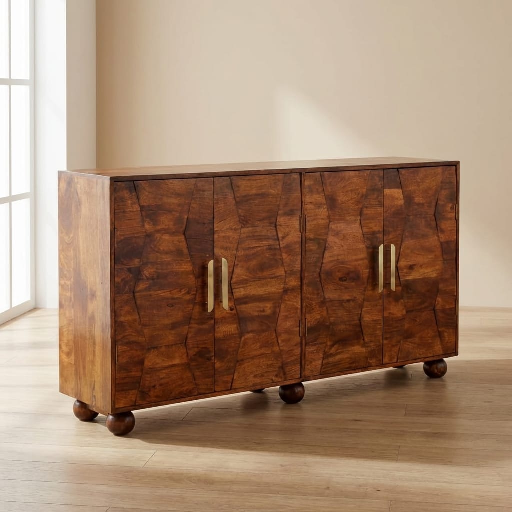 Rustic Lodge Wavecrest Chestnut Sideboard - Solid Mango Wood Buffet Cabinet for Dining Room - main view showing...