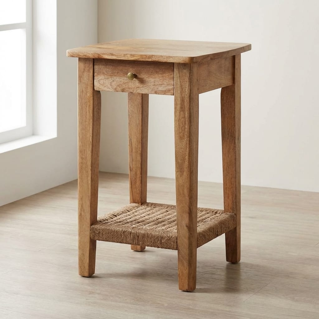 Rustic Rope End Table - Solid Mango Wood Side Table for Living Room - main view showing handcrafted solid mango wood side...