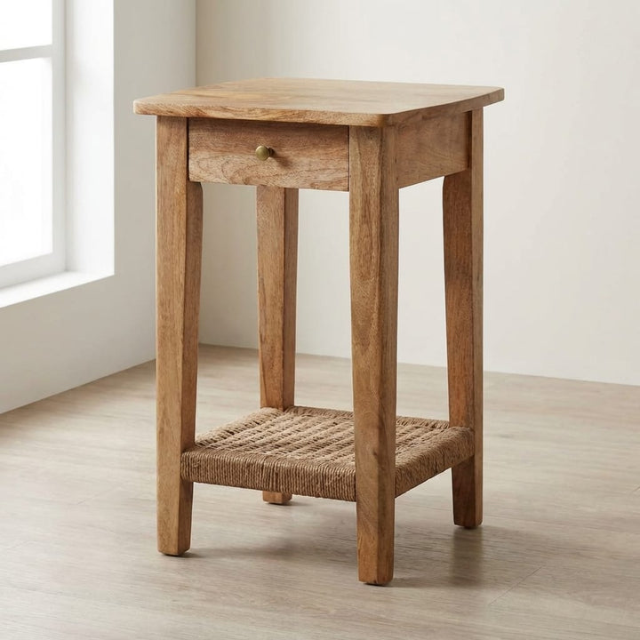 Rustic Rope End Table - Solid Mango Wood Side Table for Living Room - main view showing handcrafted solid mango wood side...
