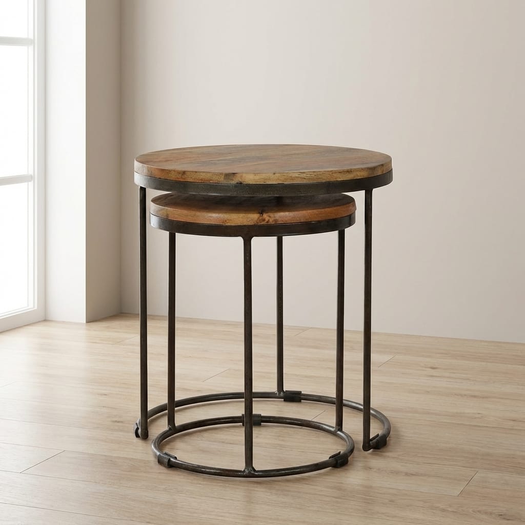 Rustic Nesting Tables - Solid Mango Wood Accent Tables for Living Room - main view showing handcrafted solid mango wood...