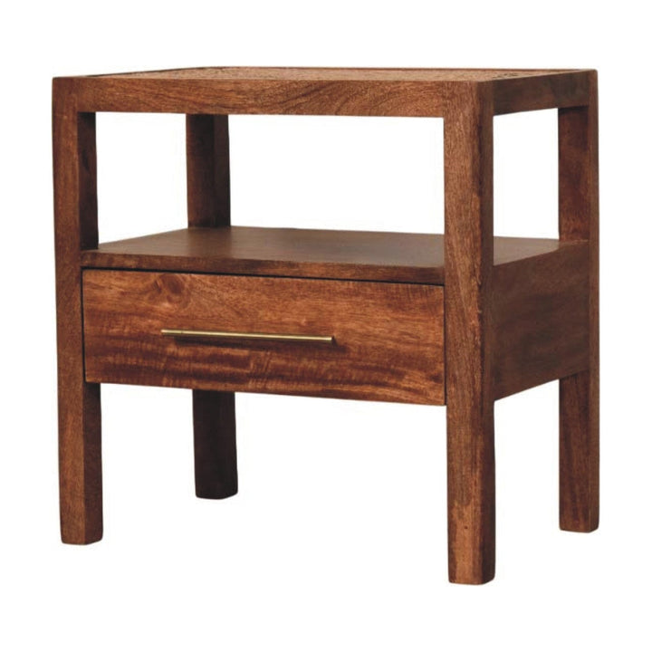 Rustic Nightstand - Solid Mango Wood Bedside Table for Bedroom - product view 2 showing handcrafted solid mango wood...