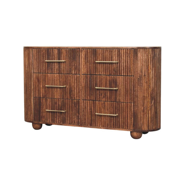 Rustic Ridgefront Dresser - Solid Mango Wood Storage Chest for Bedroom with six spacious drawers.