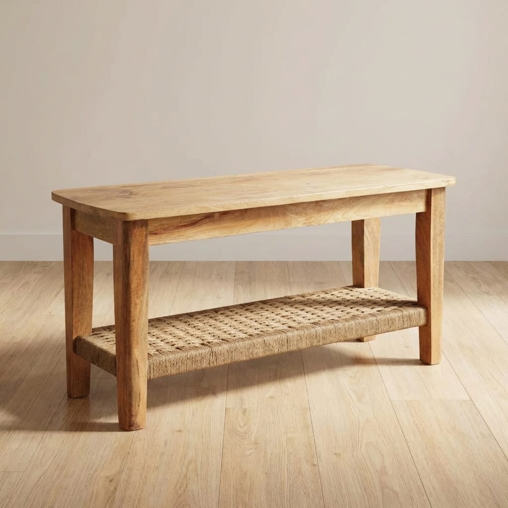 Rustic Rope Coffee Table - Solid Mango Wood Center Table for Living Room - main view showing handcrafted solid mango wood...