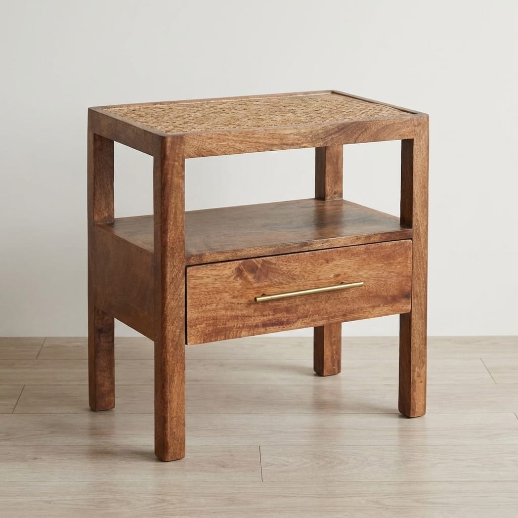 Rustic Nightstand - Solid Mango Wood Bedside Table for Bedroom - main view showing handcrafted solid mango wood nightstand