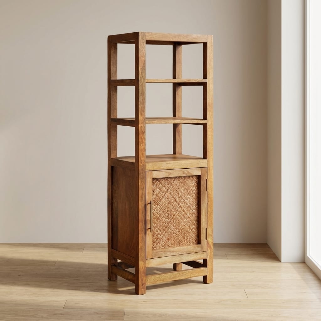 Rustic Solid Wood Bookcase with Open Shelf - Solid Mango Wood Wall Shelf for Living Room - main view showing handcrafted...