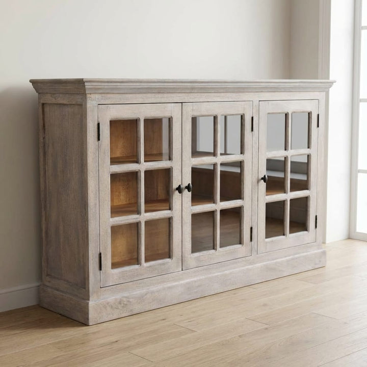 Rustic Stone Wash Triple Glazed Sideboard - Solid Mango Wood Buffet Cabinet for Dining Room - main view showing...