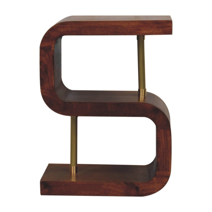 S-curve Brass Nightstand - Solid Mango Wood Bedside Table for Bedroom - product view 9 showing handcrafted solid mango...