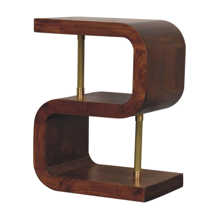 S-curve Brass Nightstand - Solid Mango Wood Bedside Table for Bedroom - product view 4 showing handcrafted solid mango...