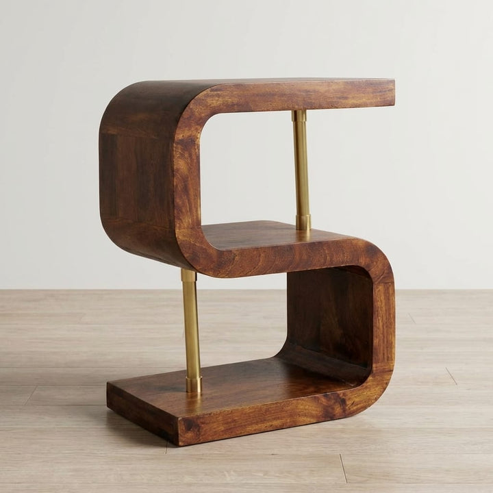 S-curve Brass Nightstand - Solid Mango Wood Bedside Table for Bedroom - main view showing handcrafted solid mango wood...