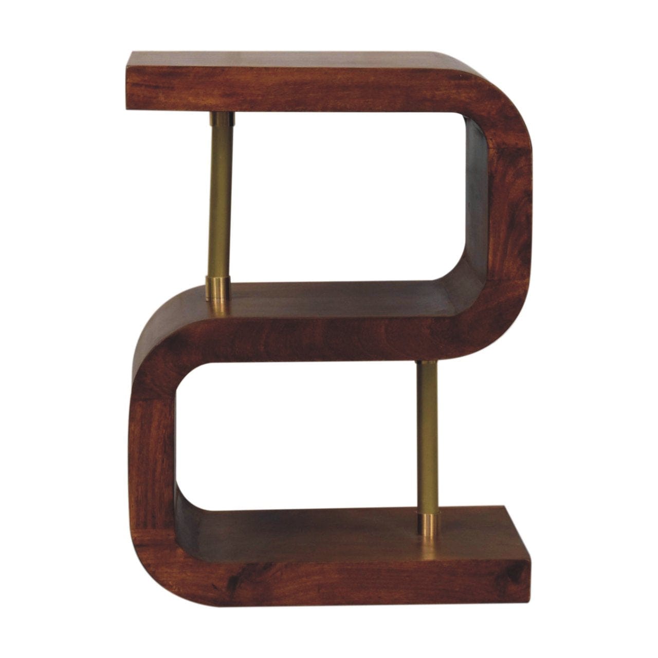 S-curve Brass Nightstand - Solid Mango Wood Bedside Table for Bedroom - product view 2 showing handcrafted solid mango...