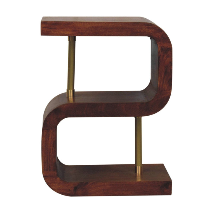 S-curve Brass Nightstand - Solid Mango Wood Bedside Table for Bedroom - product view 2 showing handcrafted solid mango...