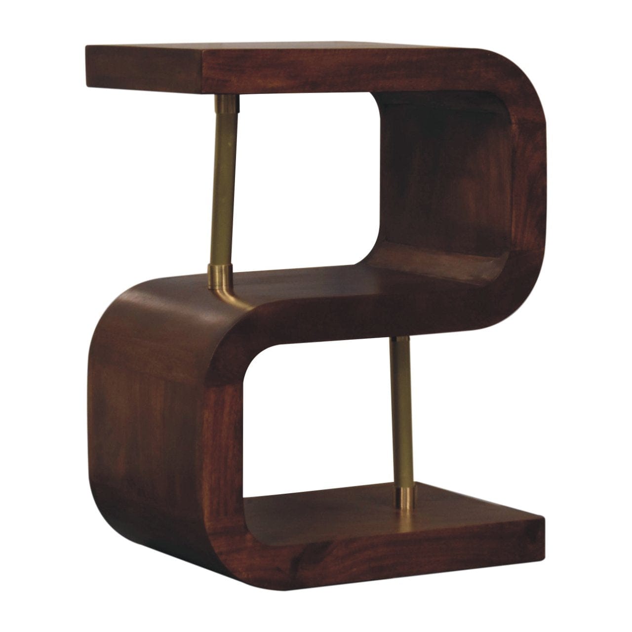 S-curve Brass Nightstand - Solid Mango Wood Bedside Table for Bedroom - product view 3 showing handcrafted solid mango...