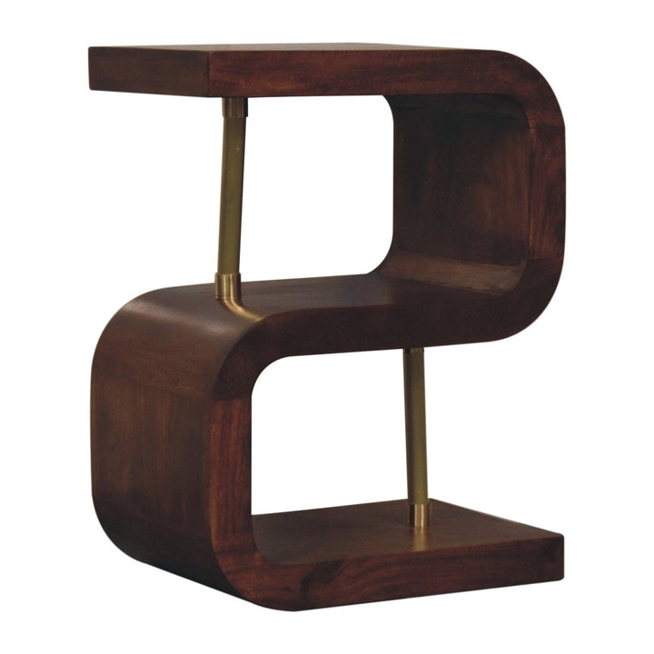 S-curve Brass Nightstand - Solid Mango Wood Bedside Table for Bedroom - product view 3 showing handcrafted solid mango...