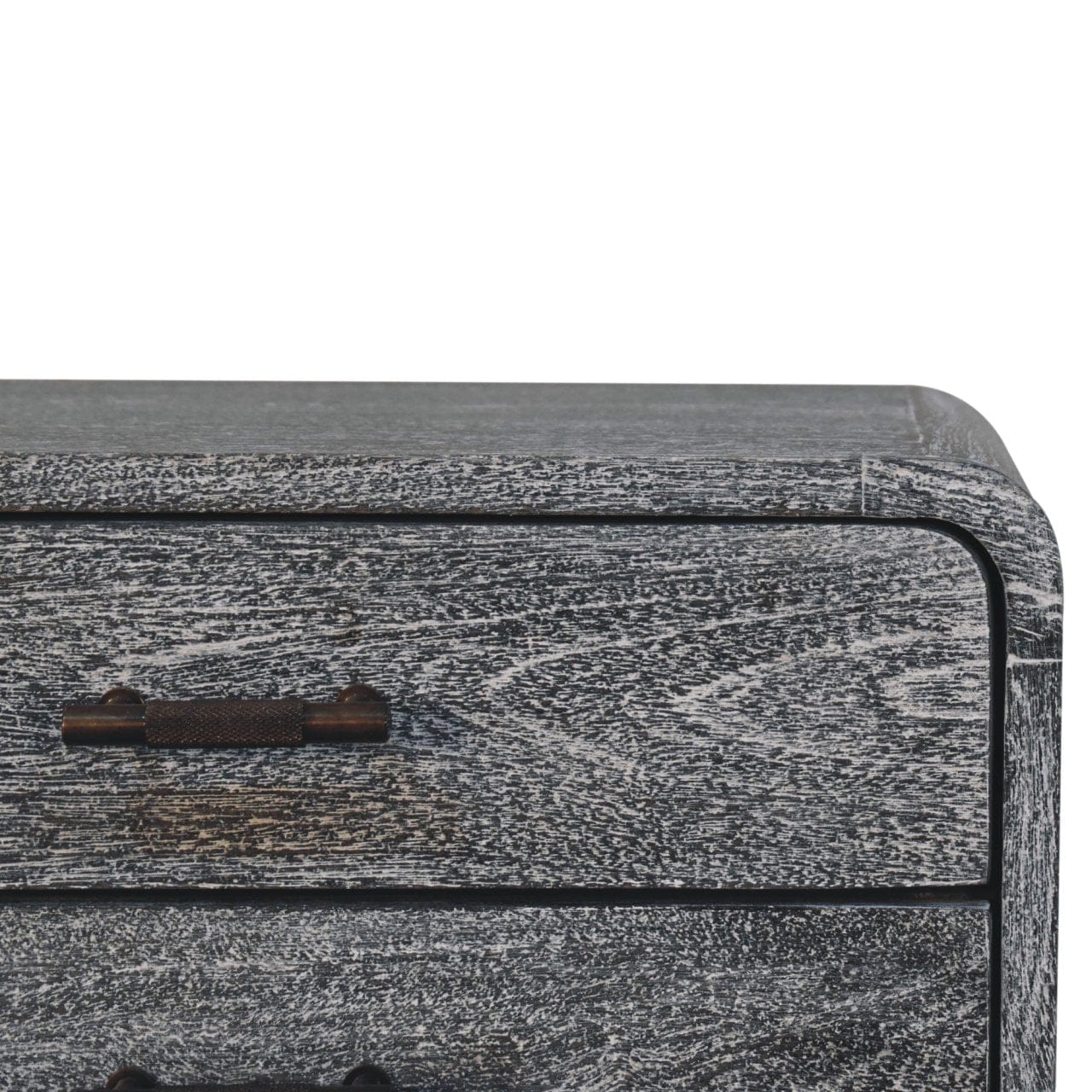 Sandblasted Ash Curved Nightstand - Solid Mango Wood Bedside Table for Bedroom - product view 5 showing handcrafted solid...
