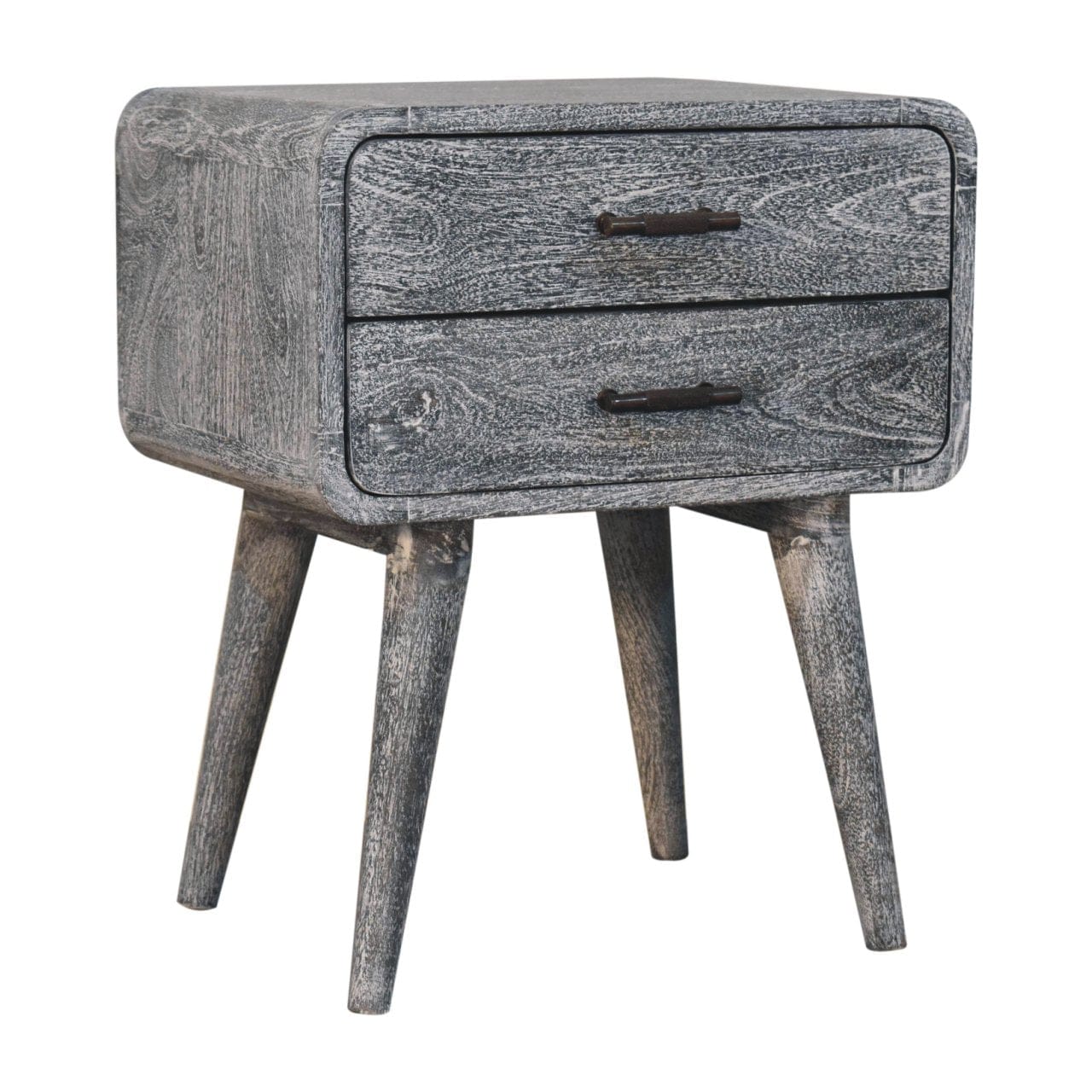 Sandblasted Ash Curved Nightstand - Solid Mango Wood Bedside Table for Bedroom - product view 3 showing handcrafted solid...