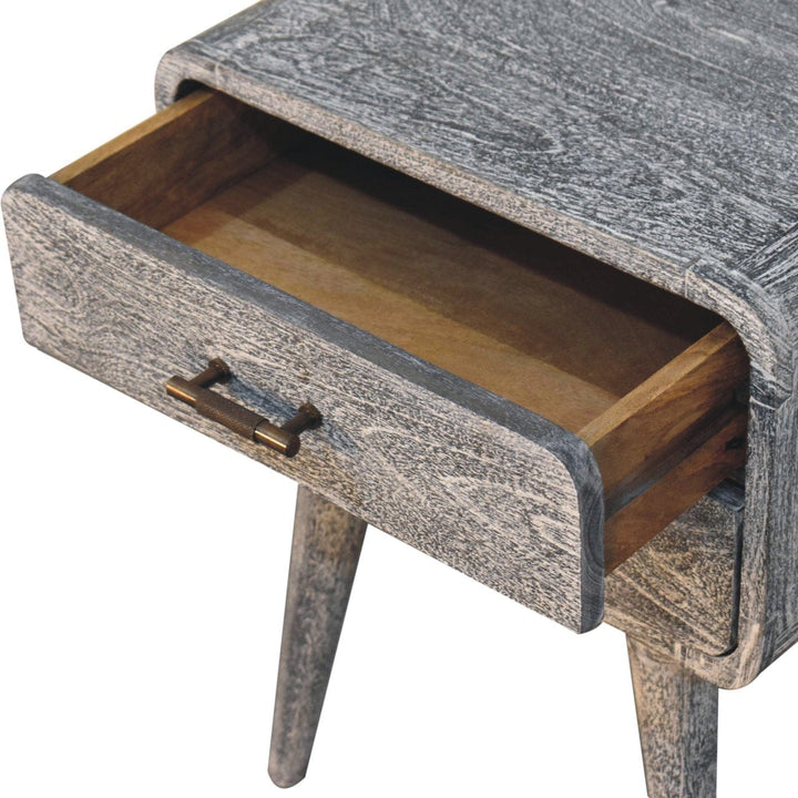 Sandblasted Ash Curved Nightstand - Solid Mango Wood Bedside Table for Bedroom - product view 8 showing handcrafted solid...