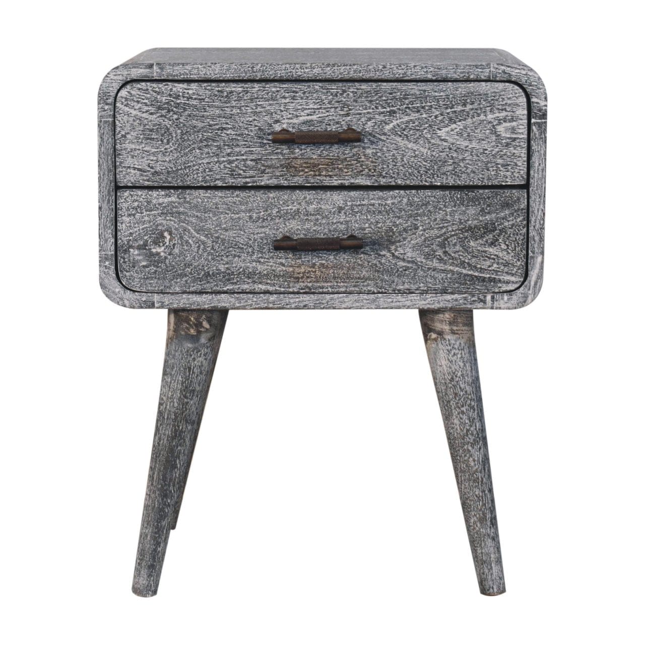 Sandblasted Ash Curved Nightstand - Solid Mango Wood Bedside Table for Bedroom - product view 2 showing handcrafted solid...