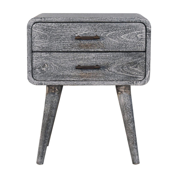 Sandblasted Ash Curved Nightstand - Solid Mango Wood Bedside Table for Bedroom - product view 2 showing handcrafted solid...