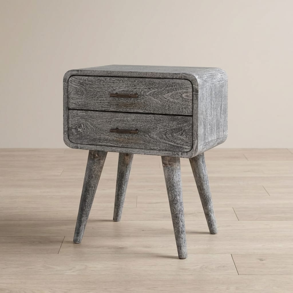 Sandblasted Ash Curved Nightstand - Solid Mango Wood Bedside Table for Bedroom - main view showing handcrafted solid...