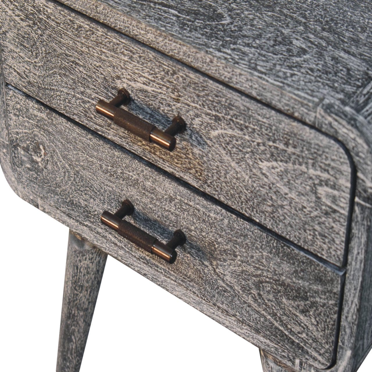 Sandblasted Ash Curved Nightstand - Solid Mango Wood Bedside Table for Bedroom - product view 6 showing handcrafted solid...