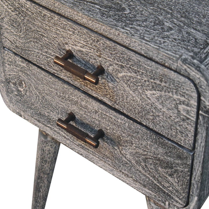Sandblasted Ash Curved Nightstand - Solid Mango Wood Bedside Table for Bedroom - product view 6 showing handcrafted solid...