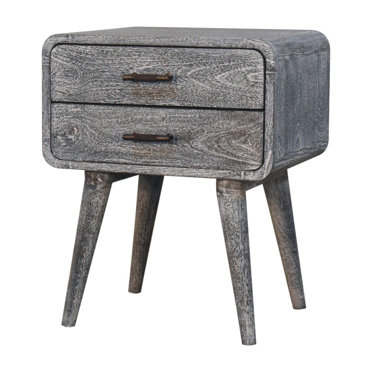 Sandblasted Ash Curved Nightstand - Solid Mango Wood Bedside Table for Bedroom - product view 4 showing handcrafted solid...