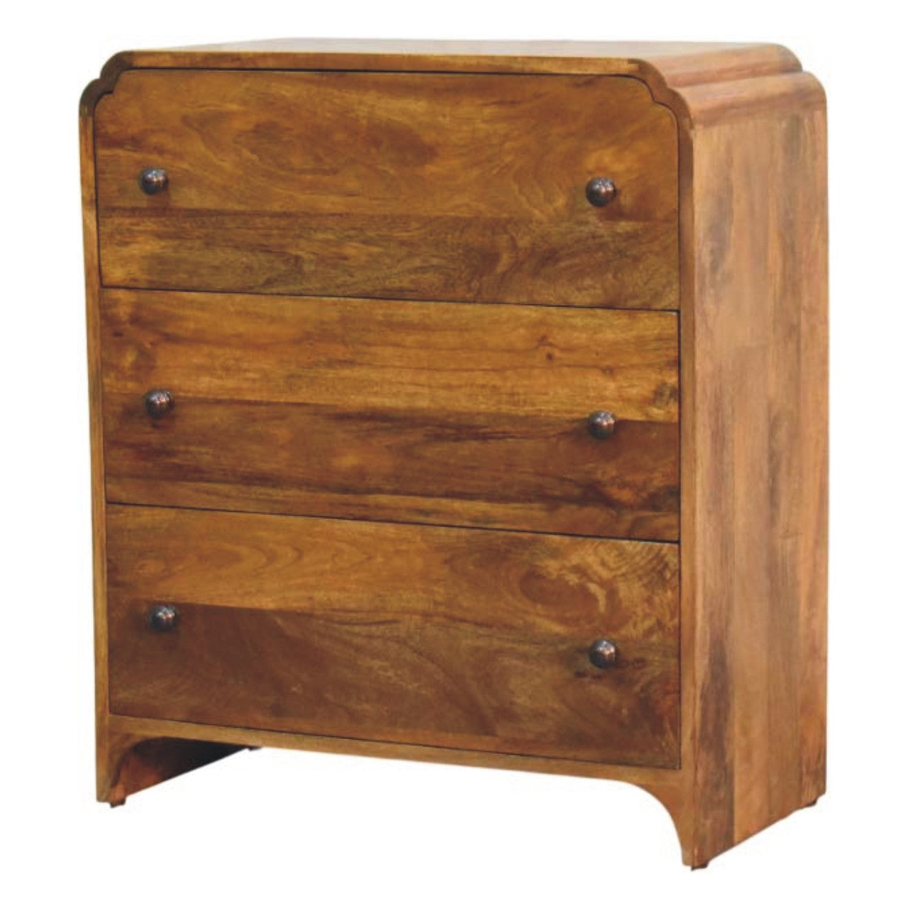 Amber Oak Scalloped Edge Storage Chest in Solid Mango Wood - product view 3 showing handcrafted solid mango wood dresser