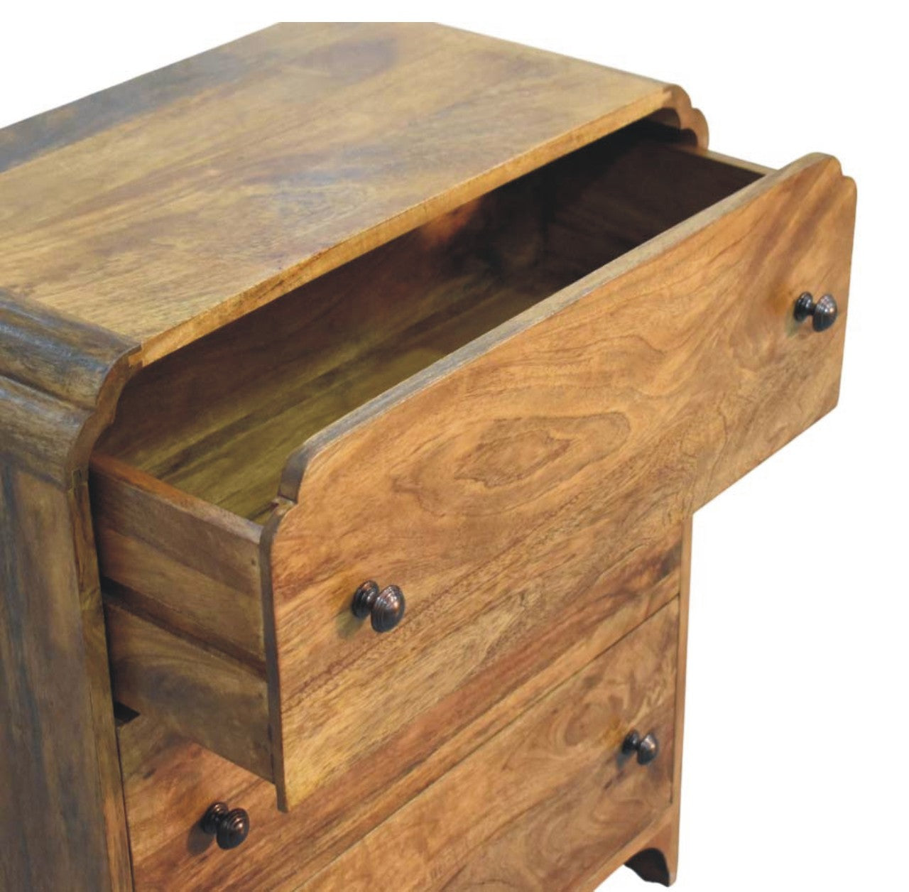 Amber Oak Scalloped Edge Storage Chest in Solid Mango Wood - product view 7 showing handcrafted solid mango wood dresser