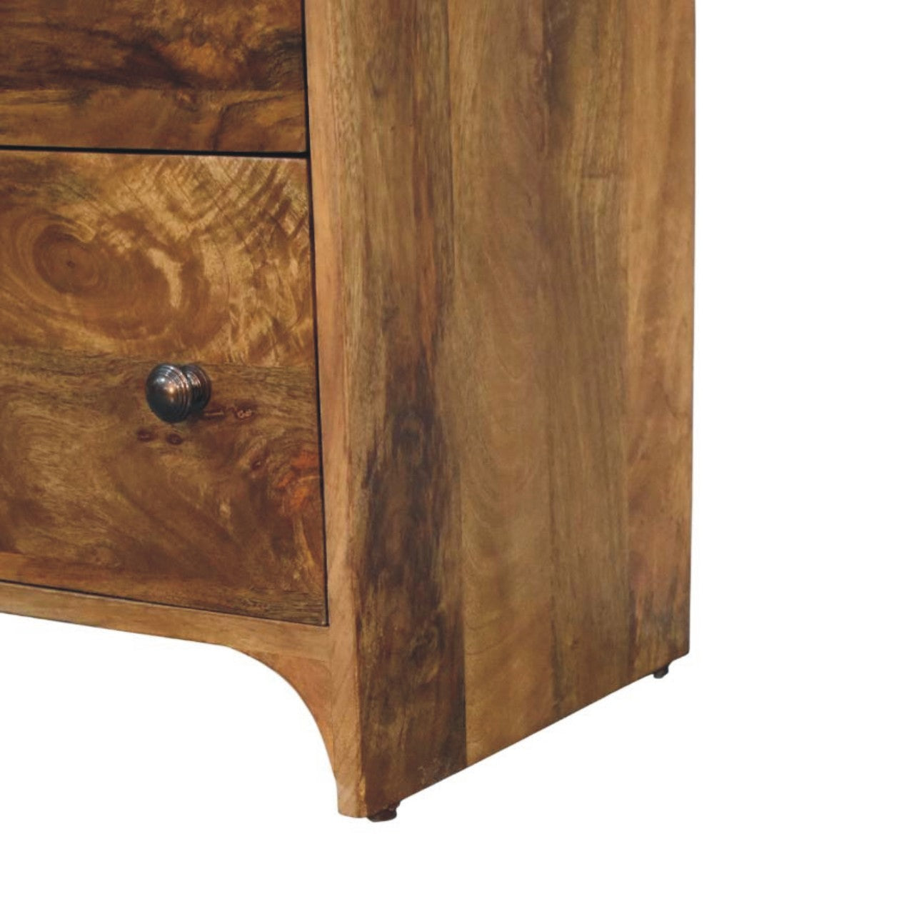 Amber Oak Scalloped Edge Storage Chest in Solid Mango Wood - product view 6 showing handcrafted solid mango wood dresser