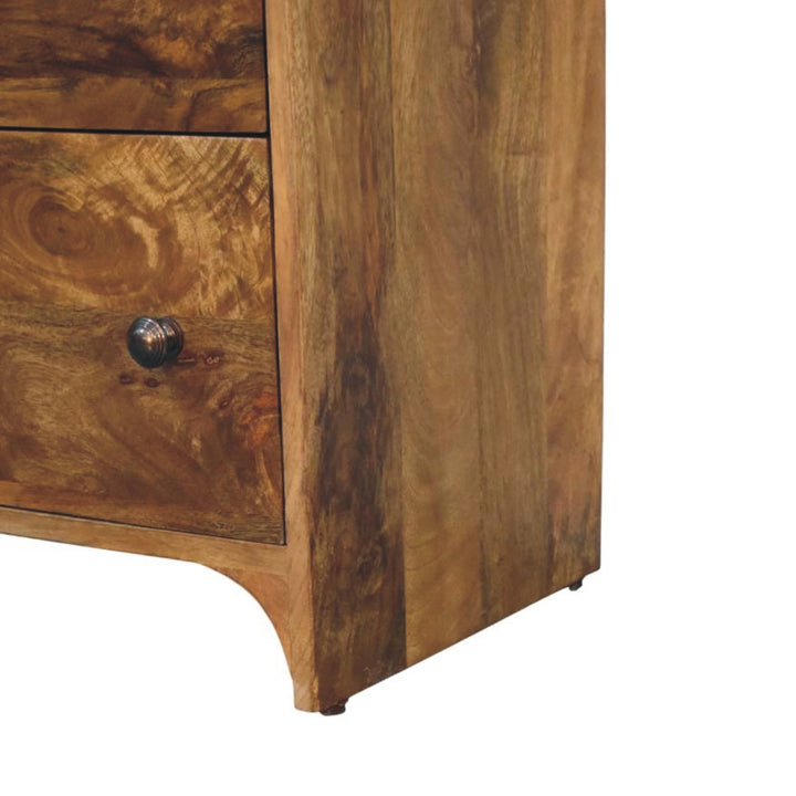 Amber Oak Scalloped Edge Storage Chest in Solid Mango Wood - product view 6 showing handcrafted solid mango wood dresser