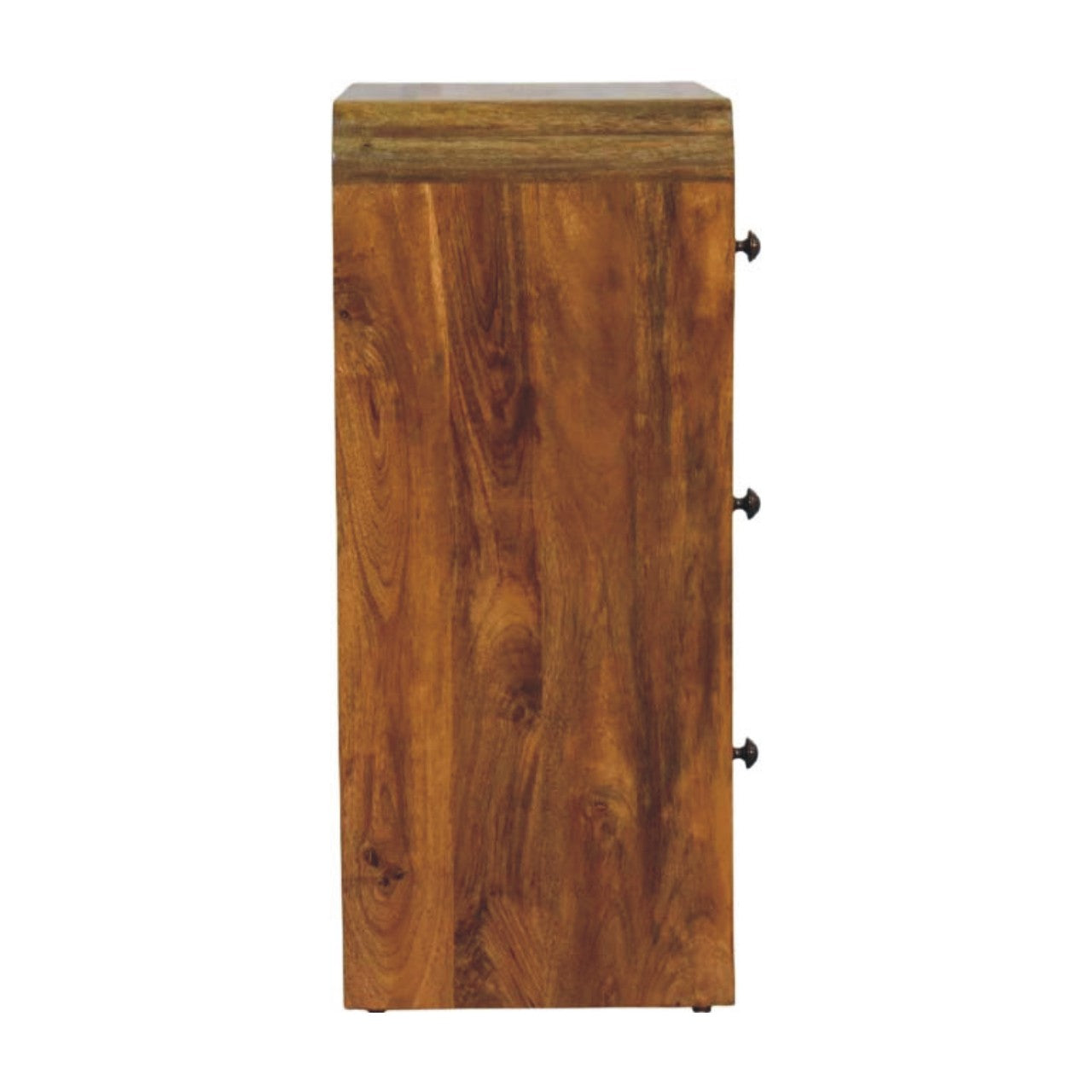 Amber Oak Scalloped Edge Storage Chest in Solid Mango Wood - product view 8 showing handcrafted solid mango wood dresser